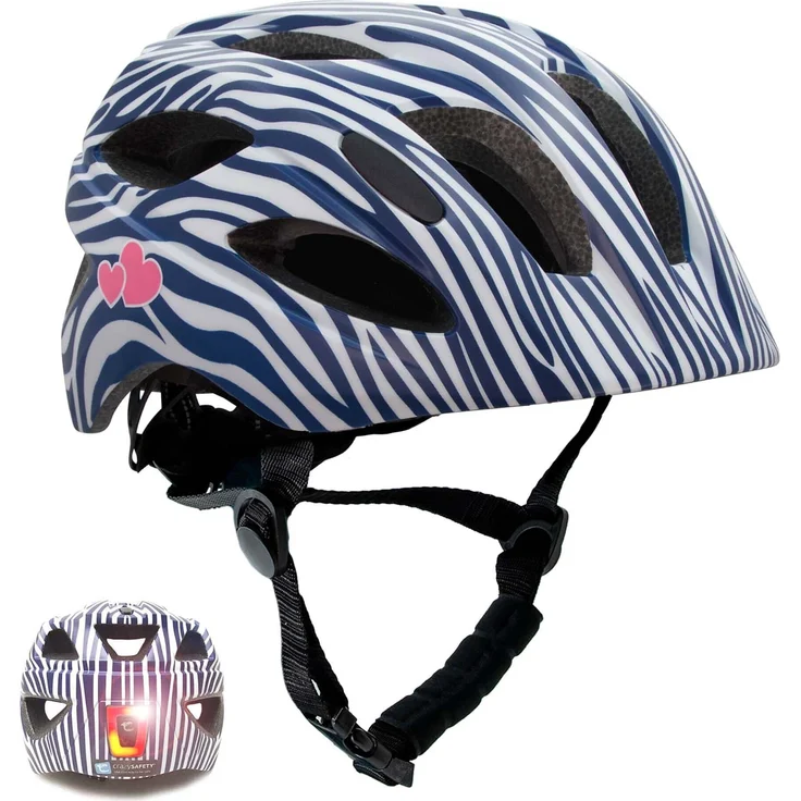 Crazy Safety Cool Stribes Kinderfahrradhelm, 6-12 Jahre, mit weißen Streifen, EN1078, verstellbare Größe 54-58 cm, inkl. USB-LED-Licht, 15 Belüftungsöffnungen