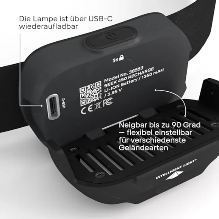 Silva Seek 450, Wiederaufladbare LED Stirnlampe mit 450 Lumen, 3 Helligkeitsstufen, Weiß & Rotlicht, Wasserfest, 70 g, für Outdoor & Laufen – Bild 2