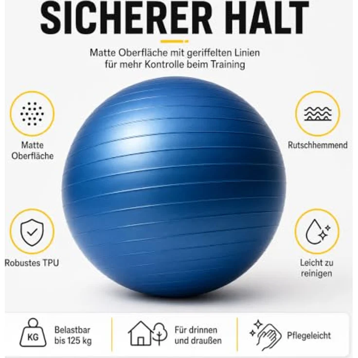 Wozinsky WGB65BL Gymnastikball, 65 cm, Blau, matten Oberfläche, belastbar bis 125 kg, inklusive Pumpe und Zubehör – Bild 3