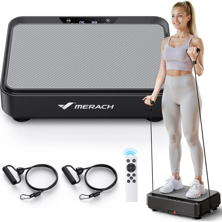 Merach Mini Vibrationsplatte mit 9 Programmen, 1–99 Intensitätsstufen, 150W leiser Motor, Fitnessgerät für Zuhause zum Abnehmen und Bodyforming, schwarz