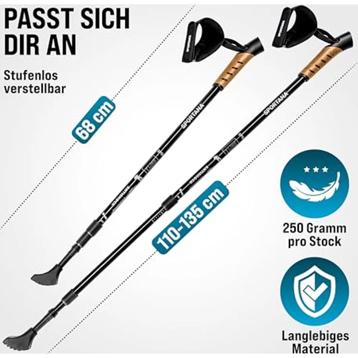SPORTANA® Wanderstöcke Teleskop, 68-135cm verstellbar mit Anti-Shock-Federung, leicht Aluminium-Kork, Gummipuffer für Herren und Damen, Farben: Rot, Orange, Grau – Bild 4