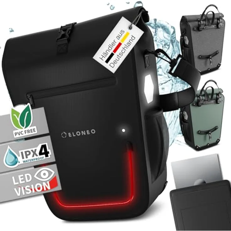 eloneo Fahrradtasche Gepäckträgertasche, wasserdicht mit LED, schwarz – Bild 2