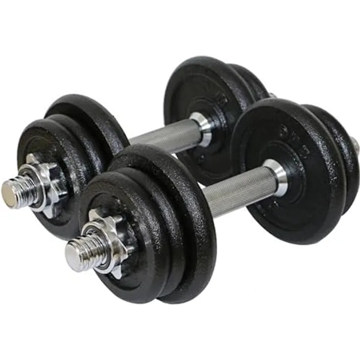 Sporttrend 24® Verstellbares Kurzhantel Set 10 kg, 15 kg, 20 kg, 30 kg, 40 kg | Hantelset, Hantel, Kurzhanteln mit Sternverschlüssen (Schwarz-Silber, Kurzhantel Set 15 kg + 2 Hantelstangen)