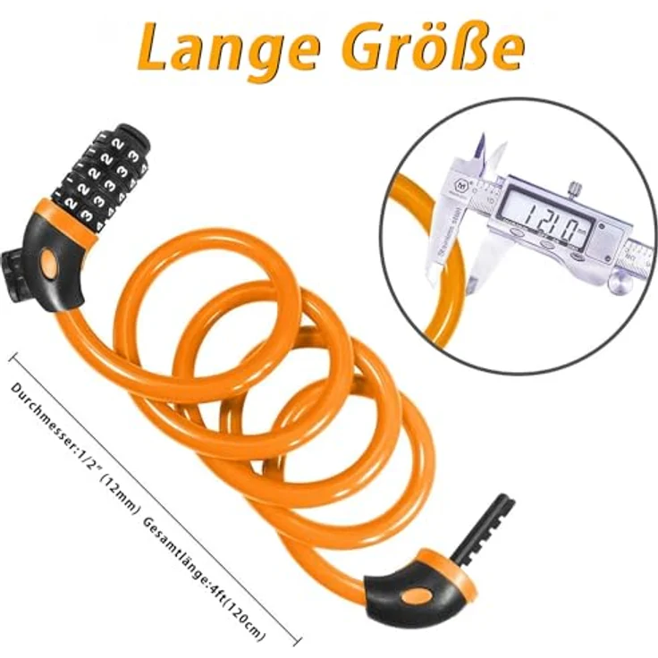 REHKITTZ Fahrradschloss 120cm/12mm Kabelschloss mit 5-stelligem Zahlencode, sehr hohe Sicherheitsstufe, gelb – Bild 5