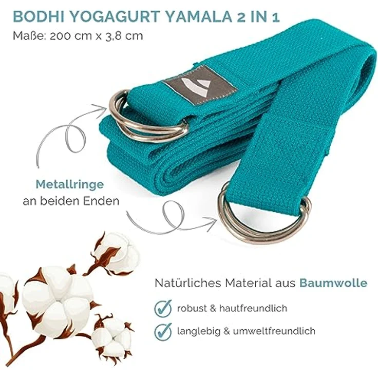 Bodhi Yogagurt 2 in 1 Yamala Belt, Baumwolle, waschbarer Carry Strap mit Metallverschluss für dicke Yogamatten, 200 cm, petrol – Bild 2
