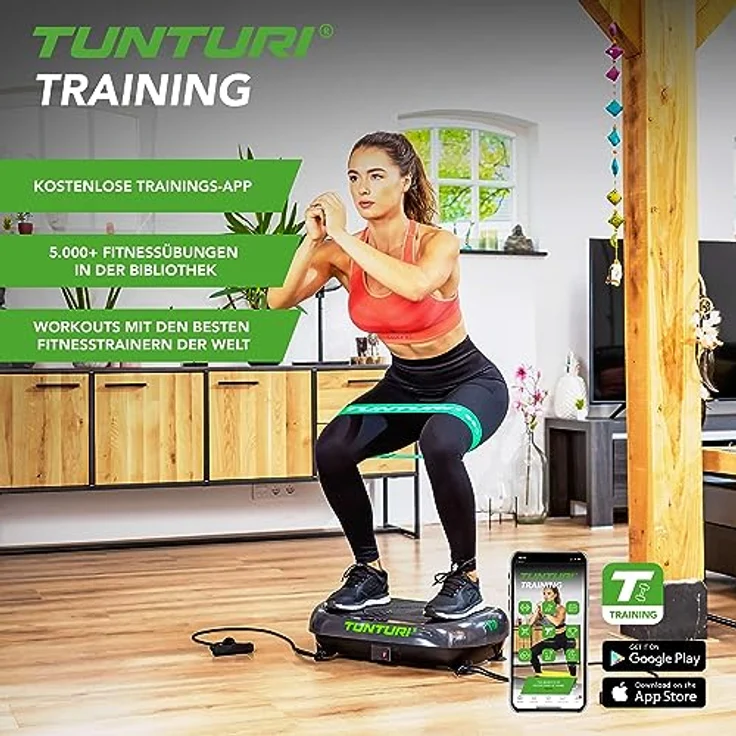 Tunturi Vibrationsplatte Cardio Fit V10 mit Schwingungen, 3 Programme, 30 Geschwindigkeiten, Hocker, Fernbedienung und Trainingsbänder – Bild 2
