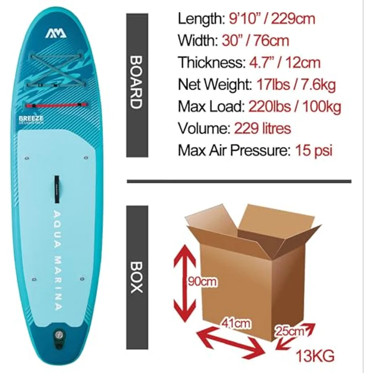 Aqua Marina Breeze, 2,7 m aufblasbares Stand-Up-Paddleboard-Paket mit stabiler Konturenform, EVA-Fußpolster und rotem Spanngurt – Bild 4