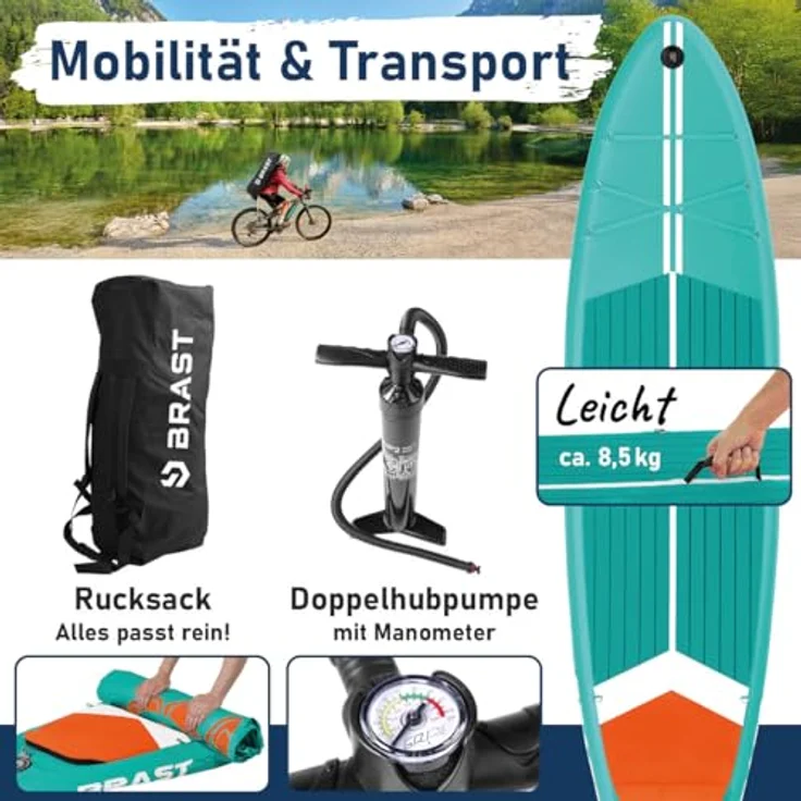 BRAST SUP Board Turtle, Aufblasbares Stand up Paddle Set, 320x81x15cm, Tragkraft bis 200 kg, inkl. Kajaksitz und Zubehör, Türkis – Bild 4