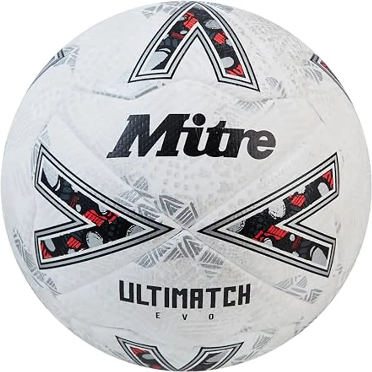 Mitre Ultimatch Fußball, verbesserte Kontrolle, zusätzliche Haltbarkeit, FIFA Basic-zertifiziert, Weiß/Offwhite/Trophäensilber, Größe 5
