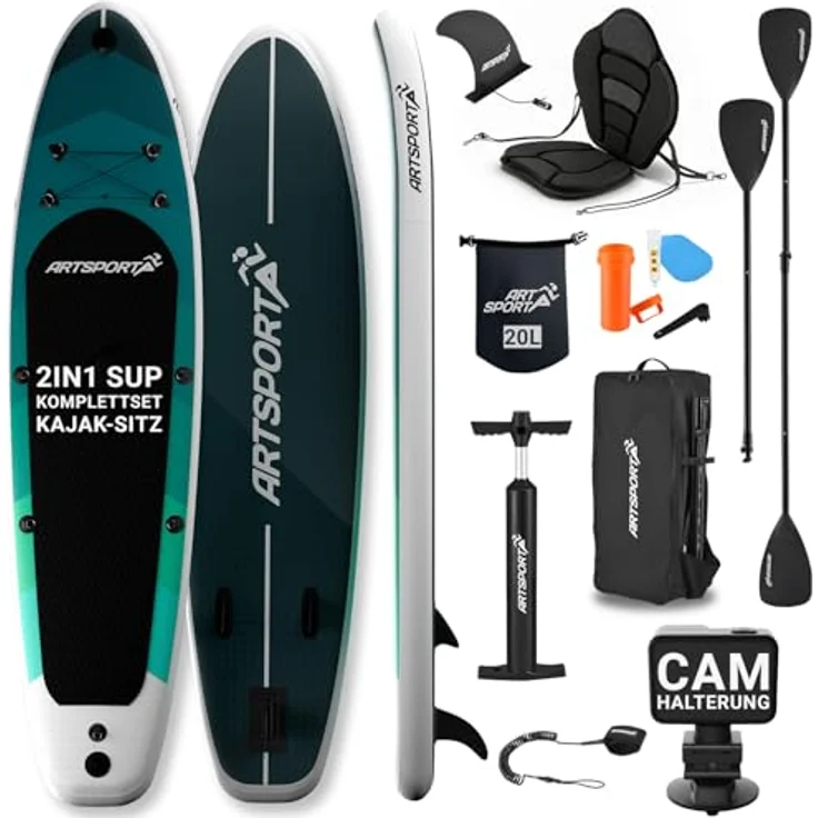 ARTSPORT® Stand Up Paddling Board Set Blue Wave, aufblasbar 320 cm, inkl. Kajaksitz, Action-Cam Halterung & umfangreichem Zubehör, Tragkraft 150 kg – Bild 1