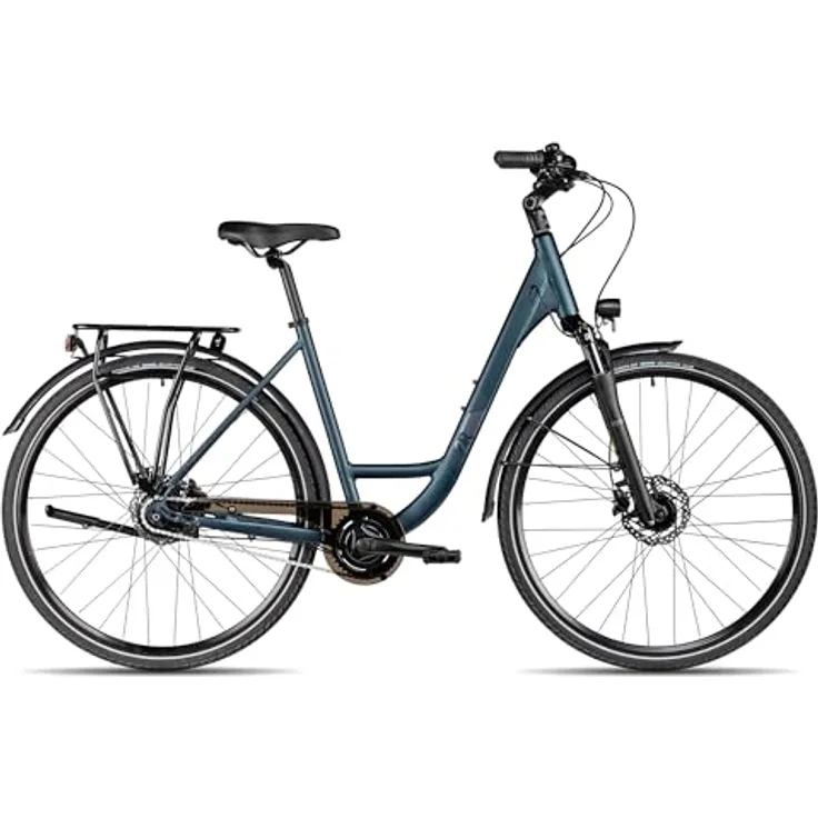 2R Manufaktur TRX ONE Wave, Damen-Citybike mit Tiefeinstieg, 28 Zoll, Dunkelblau, 56 cm, mit hydraulischen Scheibenbremsen und Federgabel