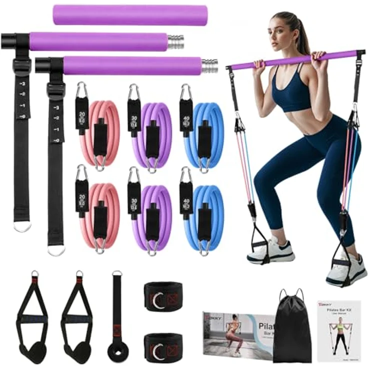 Fokky Pilates Bar Set mit 6 Resistance Bands (20/30/40lbs), verstellbare Edelstahlstange und Türanker für ganzheitliches Training zuhause – Bild 1