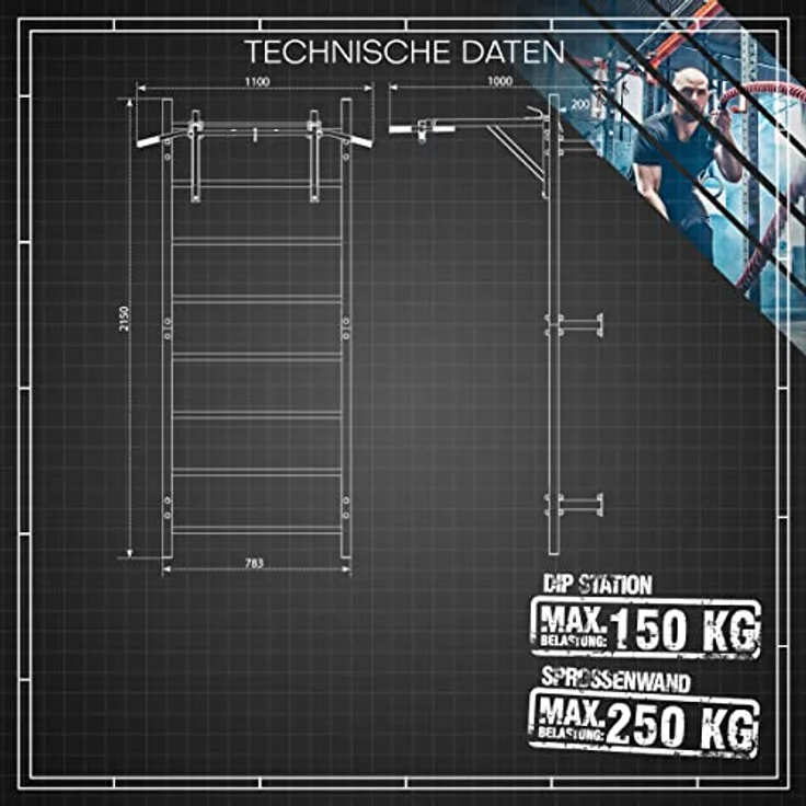 K-Sport: Trainingsset - Sprossenwand mit Dip Station & Klimmzugstange I Kraftstation mit Pull-Up Bar, Dip Stange für anspruchsvolle Workouts, inkl. E-Book – Bild 4