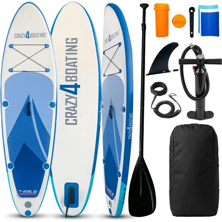 Yachticon C4B SUP Board Set S2, aufblasbares iSUP-Board 320 x 76 x 12,5 cm, rutschfeste EVA-Standfläche, blau/weiß, inkl. Teleskop-SUP-Paddel und Fußleine