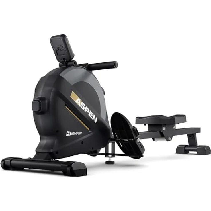 Hop-Sport Rudergerät für zuhause Aspen - Klappbares Rudergerät in Schwarz/Grau/Gold mit Magnetbremssystem, 16 Widerstandsstufen, LCD-Anzeige & Ipad-Halterung, bis 120kg belastbar