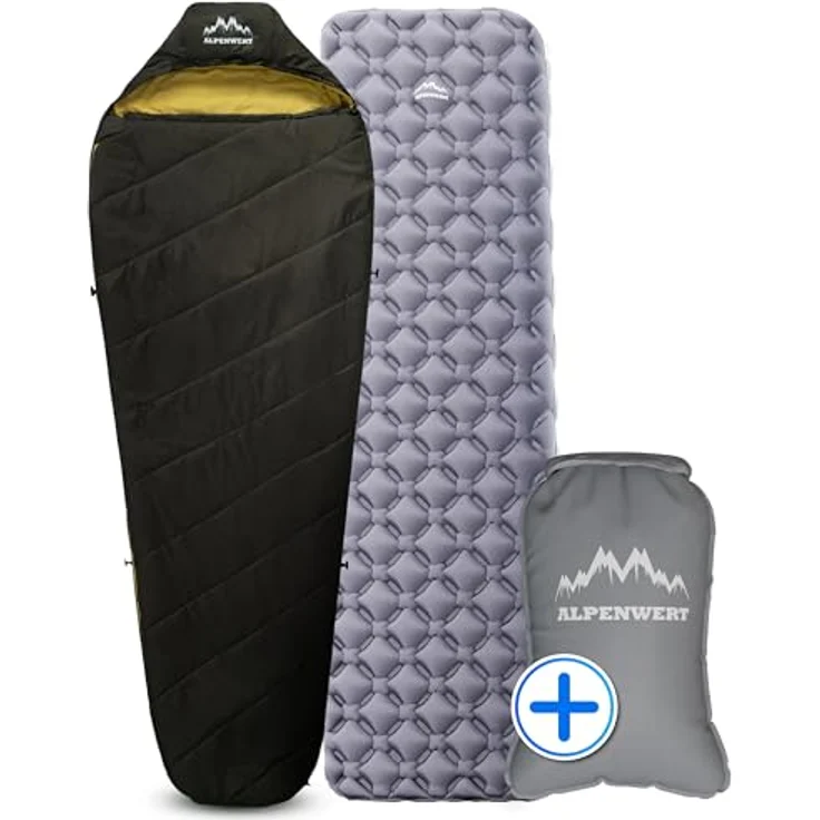 Alpenwert® Outdoor Schlaf-Set, Ultraleichter Schlafsack mit Komfortbereich 12-18°C, Isomatte mit Pumpsack 7,5L, für Camping und Wandern, kompakt und robust – Bild 1