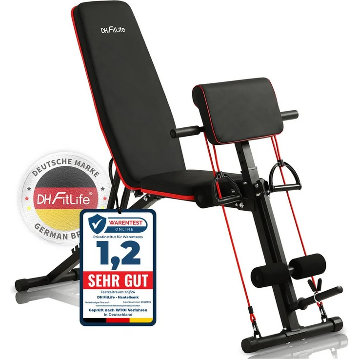 DH FitLife Hantelbank klappbar verstellbar, Modell 1 mit Curlbank, Beinstrecker, Schrägbank, Flachbank, multifunktional für Fitness & Krafttraining, bis 200 kg belastbar, platzsparend