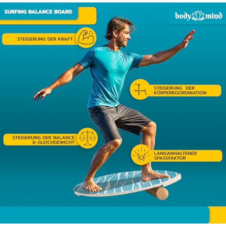 Body & Mind Balance-Board Surfbrett, Wackelbrett für Physiotherapie und Surf-Training, inklusive Korkrolle und gratis E-BOOK (Light Waves) - ideal für Gleichgewicht und Koordination, aus hochwertigem Holz, 78x30 cm – Bild 3