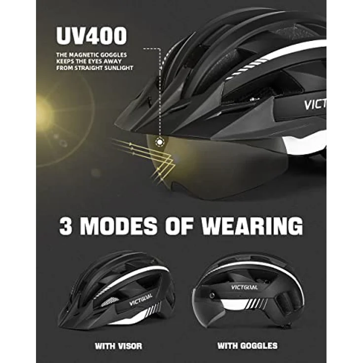 Victgoal VICTGOAL Fahrradhelm MTB für Herren und Damen, mit abnehmbarer magnetischer Brille, 21 Belüftungskanälen, einstellbar (L: 57-61 cm, Schwarz Weiß) – Bild 2