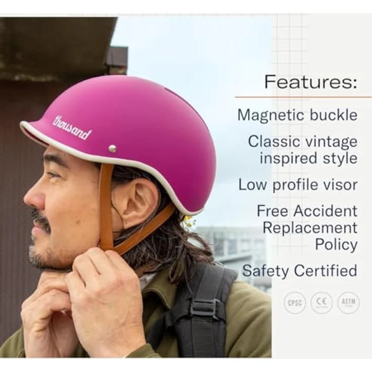 Thousand Fahrradhelm für Erwachsene – Heritage 2.0 Collection - Vibrant Orchid Medium, mit Secret Poplock Diebstahlsicherung, veganen Lederoptik Riemen und Magnetverschluss – Bild 3