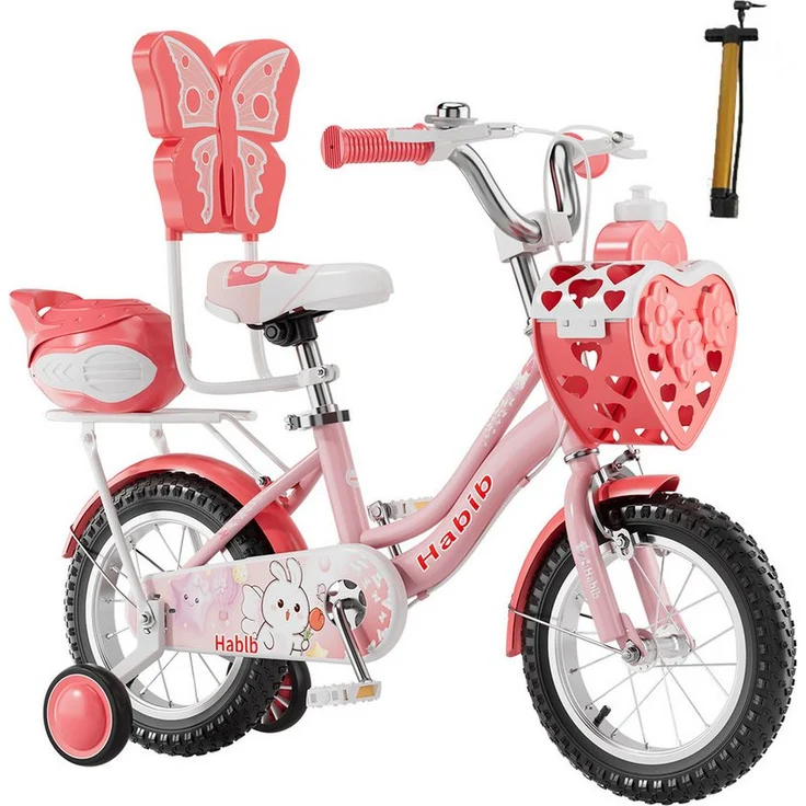 Habib Gruppe Prinzessin-Fahrrad, Komplettset mit Schmetterlings-Rückenlehne und Herz-Vorderkorb, für Kinder von 3 bis 8 Jahren