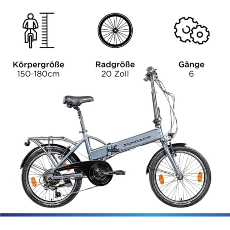 ZÜNDAPP Z101 20 Zoll E Bike Faltrad Damen Herren Elektrofahrrad klappbar Ebike Pedelec, LED Licht, 6 Gänge, V-Bremsen, 270 Wh Akku, für Erwachsene - Schwarz – Bild 3