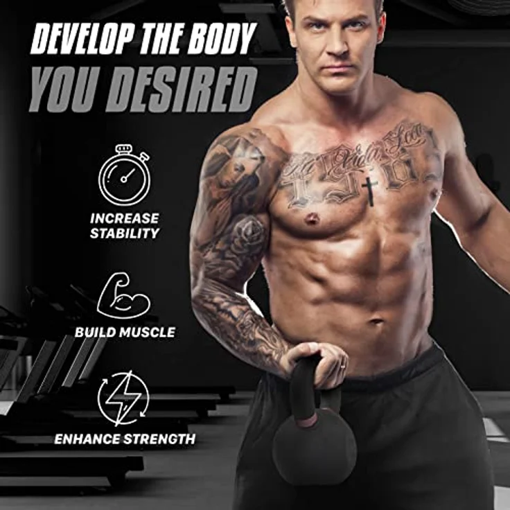 Yes4All Kettlebell 14 kg, pulverbeschichtet mit breiten Griffen und flachem Boden, braun – Bild 5