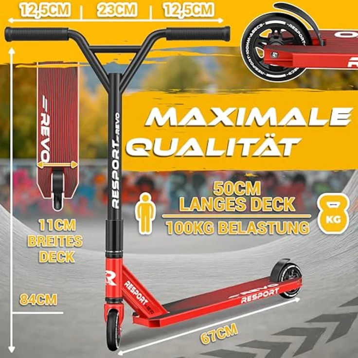 RE:SPORT® Stunt Scooter REVO, Profi Stuntroller für Kinder & Erwachsene mit Ständer, 100mm Polyurethan Wheels, Y-Bar, ABEC 9 Kugellager – Bild 7