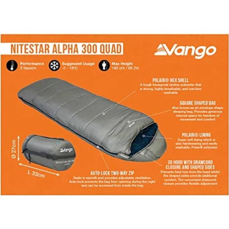 Vango Nitestar Alpha 300 Quad Deckenschlafsack, grau - Leichter Schlafsack mit 1° Komfortgrenze – Bild 4