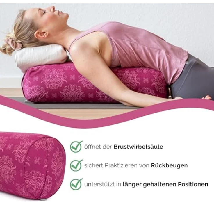 Bodhi Yoga Bolster Ø 23 cm | Maharaja Collection | Abnehmbarer & Waschbarer Bezug aus 100% Baumwolle | Yogarolle mit Bio-Dinkelfüllung | Yogakissen für Restorative & Yin Yoga (Lotus/Berry) – Bild 5
