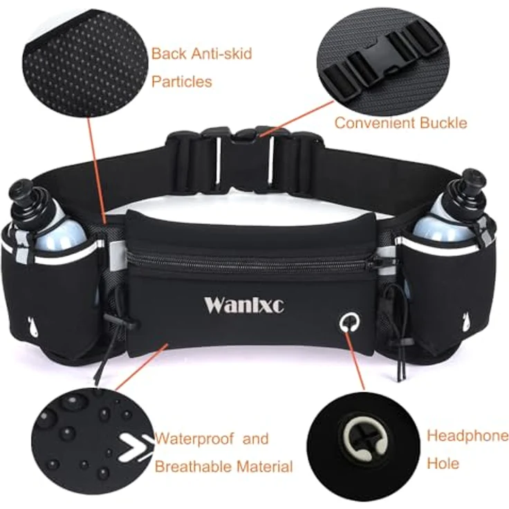Wanlxc Hüfttasche Sport, Bauchtasche mit 2 BPA-freien Trinkflaschen, wasserdichter Laufgürtel für Joggen und Fahrradfahren, reflektierend, verstellbar, für Damen und Herren – Bild 3