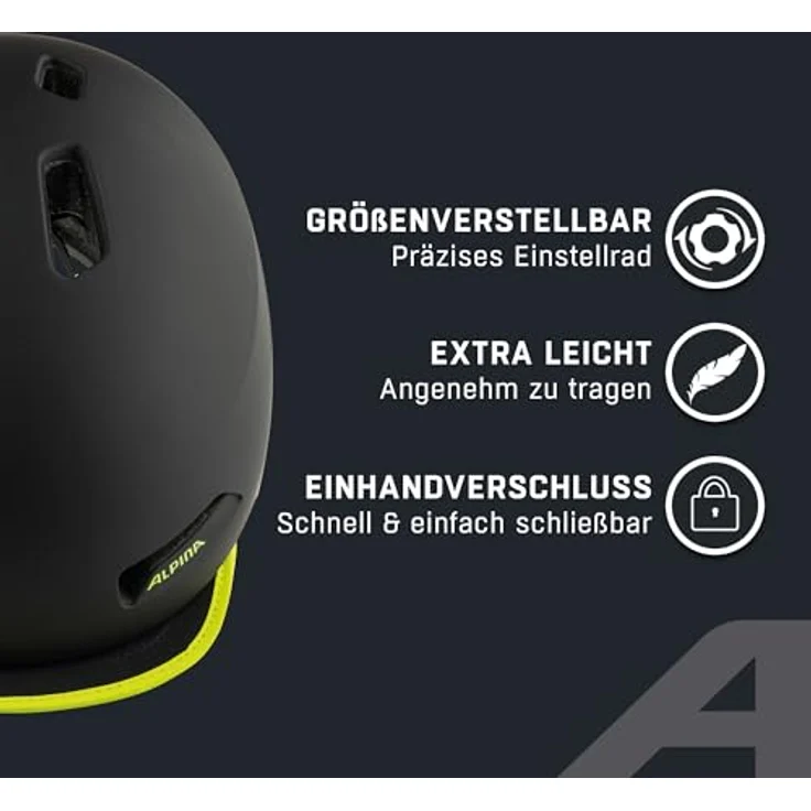 ALPINA BROOKLYN - Beleuchteter, Robuster und Komfortabler Urban Fahrradhelm Mit LED-Licht Für Erwachsene, black-neon yellow matt, 57-62 cm – Bild 4