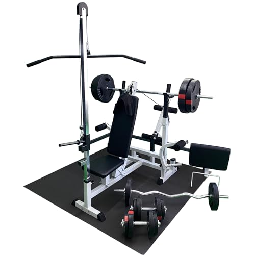 GORILLA SPORTS® Kraftstation - Hantelbank mit verstellbare Hantelablage, Latzugturm, Butterfly, Curlpult, Beincurler und 100 kg Hantelset - Trainingsbank, Fitnessstation, Trainingsstation (Weiss)