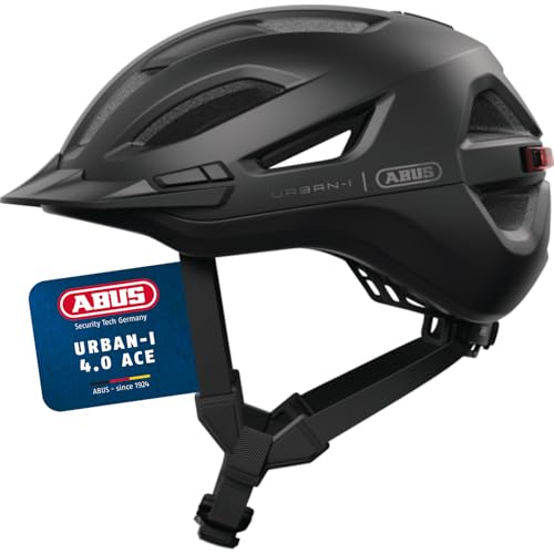 ABUS Urban-I 4.0 ACE, Fahrradhelm mit aufladbarem Rücklicht, 4 Leuchtmodi, Schirm und magnetischem Verschluss, Größe S, schwarz