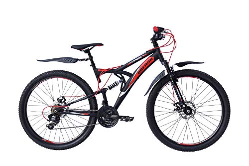 T&Y Trade 27,5 Zoll Kinderfahrrad, Mountainbike mit 18 Gang Shimano Revo, vollgefederter Rahmen, mechanische Scheibenbremse, schwarz-rot