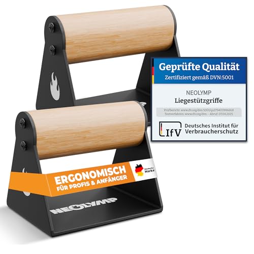 NEOLYMP 2er Set Holz Liegestützgriffe, handgefertigte Parallettes mit Stahlstandfüßen und Anti-Rutsch-Pads, handgelenkschonend für Calisthenics und Home Workout