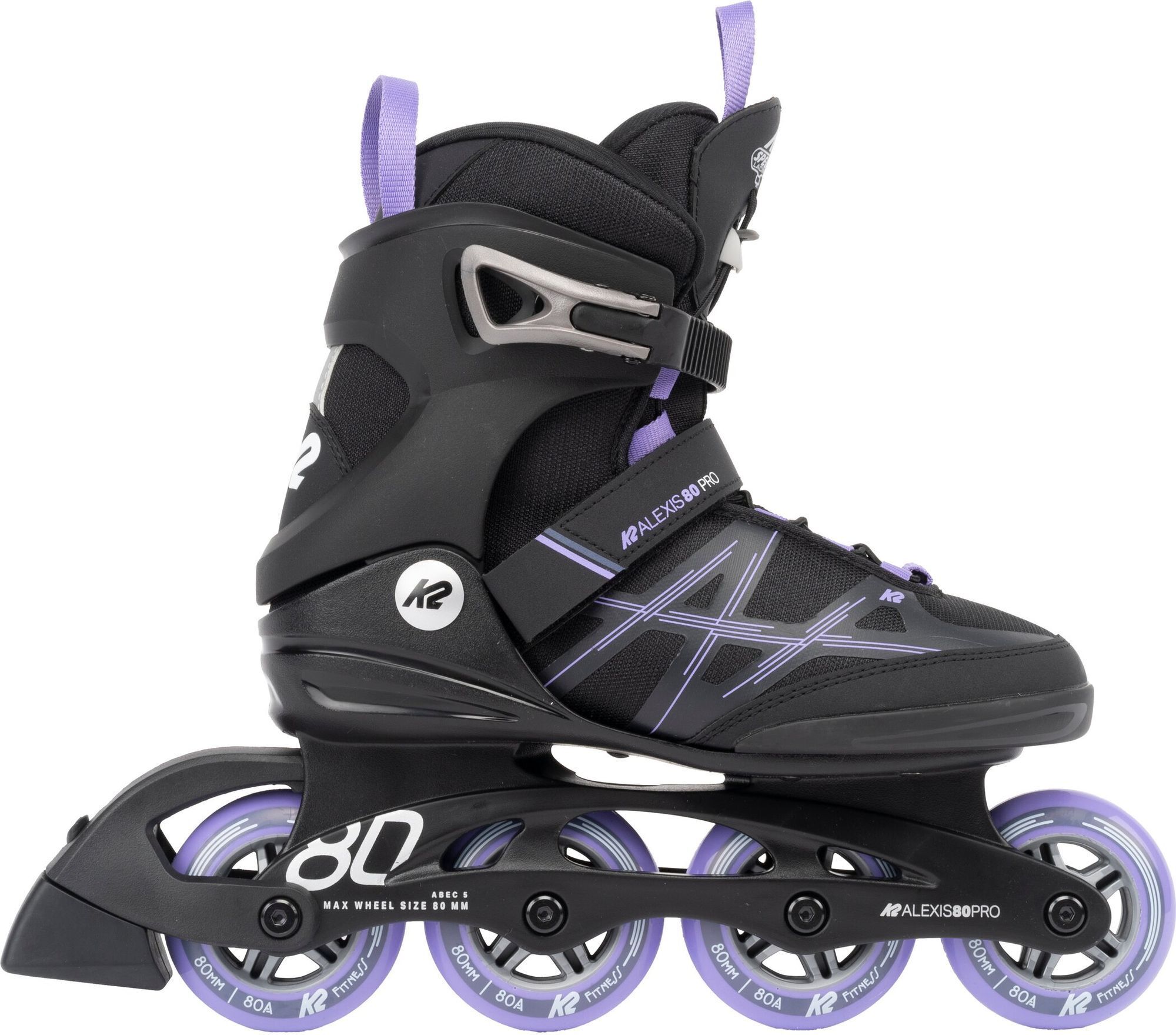 K2 Inline Skates ALEXIS 80 PRO, Damen, Größe 37 Schwarz/Lavendel, mit Tec Composite Rahmen, Stability Plus Cuff und ABEC-5 Kugellager