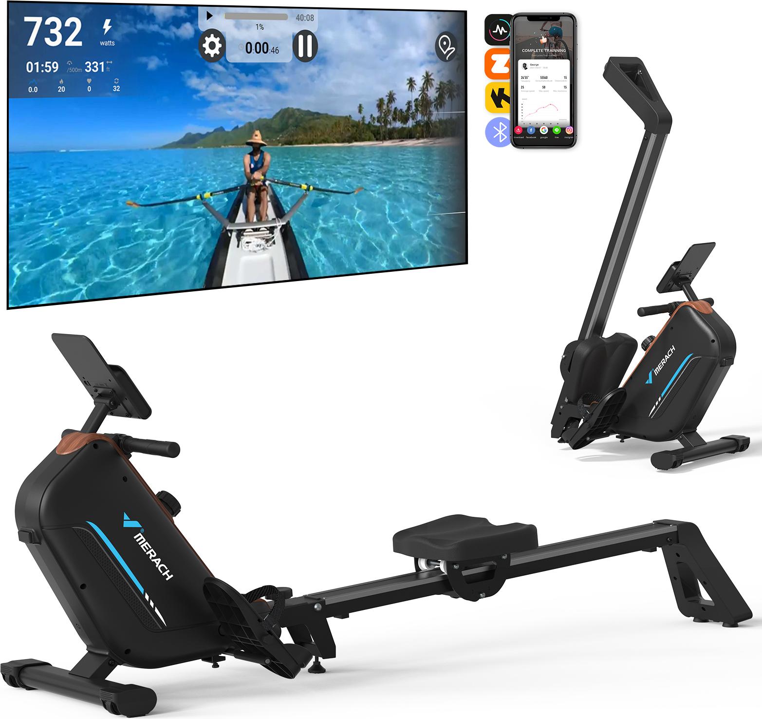 MERACH klappbares Rudergerät MR-200, leise magnetisch mit 16 Widerstandsstufen, LCD-Display, Bluetooth & Kinomap, Tablet- & Flaschenhalter, bis 158 kg