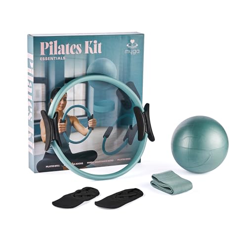 Myga Pilates Ring Set - 4-teiliges Pilates Kit mit Magic Circle, Anti-Burst-Ball, Stoff-Widerstandsband & Rutschfesten Grip-Socken für Krafttraining, Toning & Flexibilität, Blaugrün