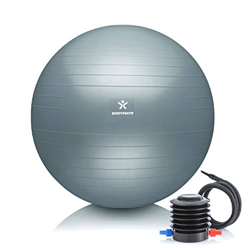 BODYMATE Gymnastikball Sitzball Trainingsball mit GRATIS E-Book inkl. Luft-Pumpe, Ball für Fitness, Yoga, Gymnastik, Core Training, für starken Rücken als Büro-Stuhl COOL-Grey-Blue 85cm