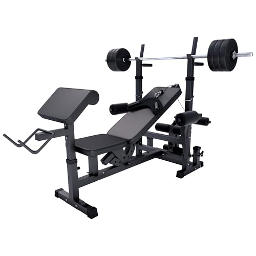 GORILLA SPORTS® Hantelbank mit Gewichten - 170 cm Hantelstange, 40/70/100 kg Hantelset, Beincurler, Butterfly, Dip-Station, Curlpult - Trainingsbank, Fitnessstation, Kraftstation mit Langhantel, Schwarz