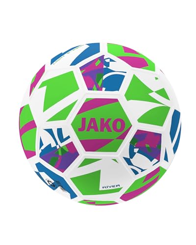 JAKO Lightball River, Fußball Größe 4, weiß/neongrün/pink, 350g, maschinengenäht, langlebig und formstabil