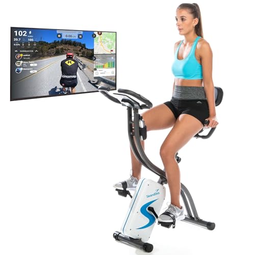 Skandika Foldaway X-2000 Fitnessbike zusammenklappbar mit Bluetooth, Tablet Halterung, Rückenlehne, Multifunktionscomputer, Handpulssensoren und 16-stufiger, computergesteuerter Widerstand