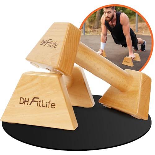 DH FitLife Liegestützgriffe aus Holz - 2x gelenksschonende & rutschfeste Handstand-Griffe | Parallettes | Dip Barren | Push-Up Bars | Calisthenics Equipment für Strength Training | Indoor & Outdoor, Buchenholz, belastbar bis 200 kg