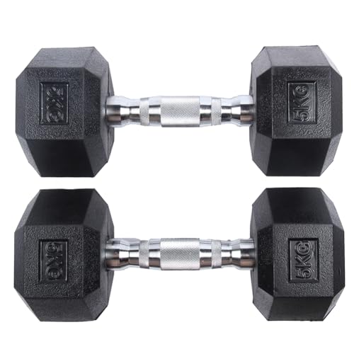 SPORTINATOR Hexagon Hanteln, 2er-Set Gusseisen mit Gummi-Beschichtung, rutschfester Griff, bodenschonend, ideal für Krafttraining, 5 kg