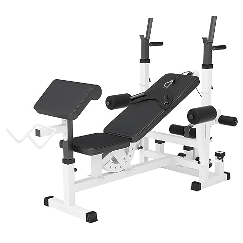 GORILLA SPORTS® Multifunktion Hantelbank - Verstellbar, mit Langhantel-Ablage, Curlpult und Butterfly, Dip-Station, Beincurler, Bankdrücken, Schwarz/Weiß - Trainingsbank, Kraftstation, Fitness Bank