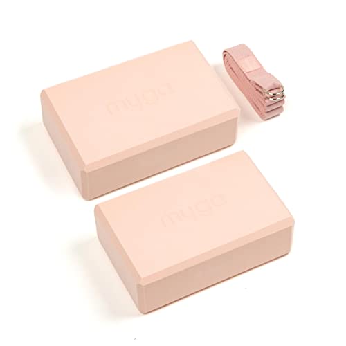 Myga Yoga Zubehör Set, 2 Rutschfeste Yoga Blöcke & Verstellbarer Yoga Gurt (Rosa), Unterstützung für Anfänger & Fortgeschrittene, Leicht & Tragbar