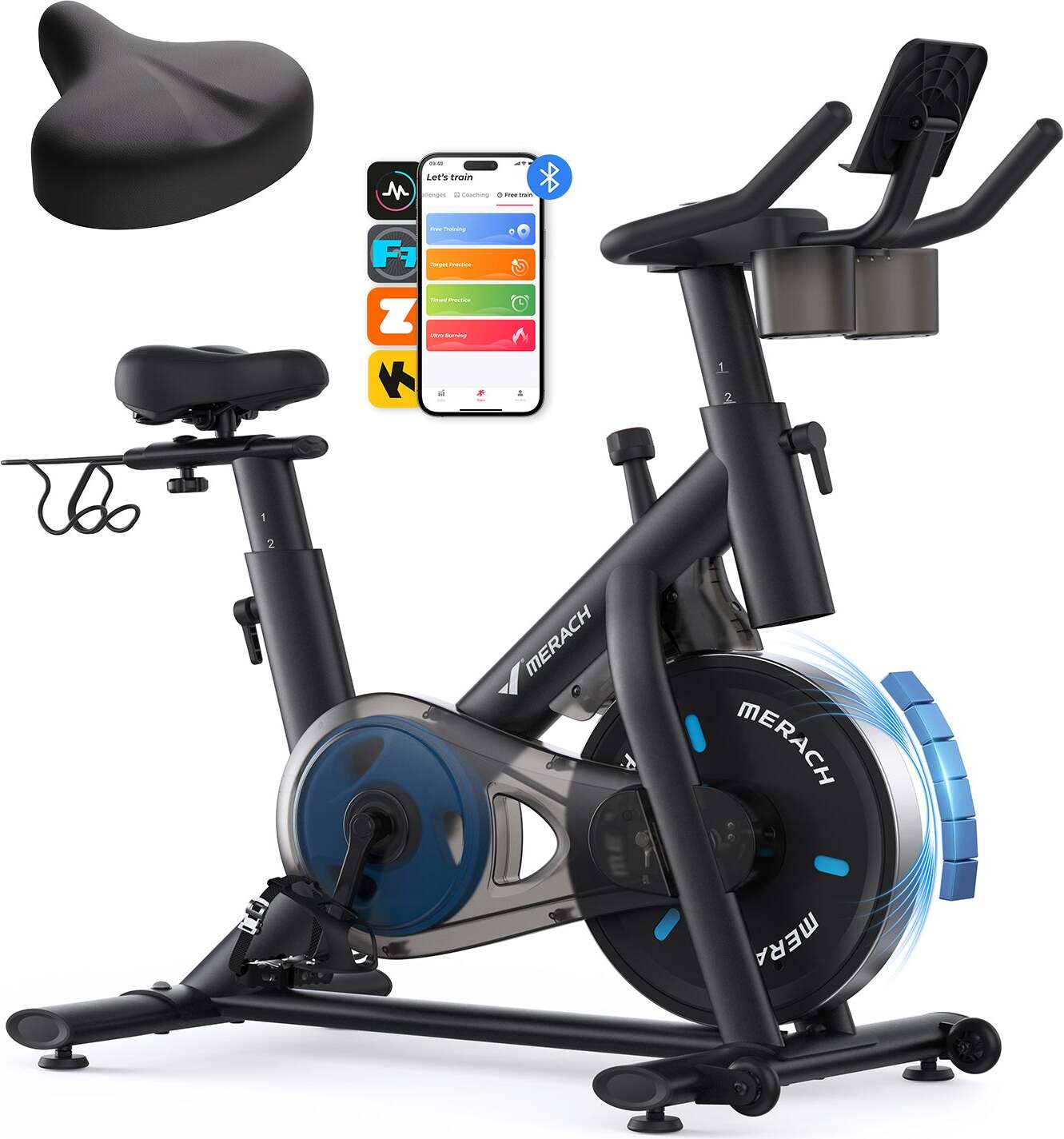 Merach Heimtrainer Fahrrad Ergometer mit magnetischem Widerstand, leise, LCD, App, Tablet-Halter, verstellbarer Sitz, Hantelrack, bis 122 kg