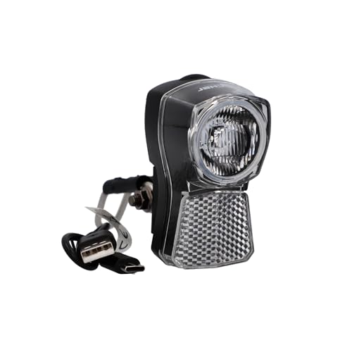 FISCHER LED-Akku-Frontlicht 45/20 Dynamo Look, wiederaufladbar bis 45 Lux mit USB-C Ladebuchse, Diebstahlschutz