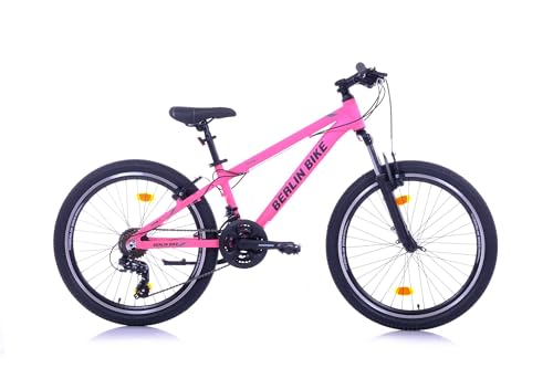 BERLIN BIKE Mountainbike MTB1 24 Zoll Kinderfahrrad für Mädchen, rosa, mit Aluminiumrahmen, 21-Gang-Schaltung, V-Bremsen und 90% Vormontierung